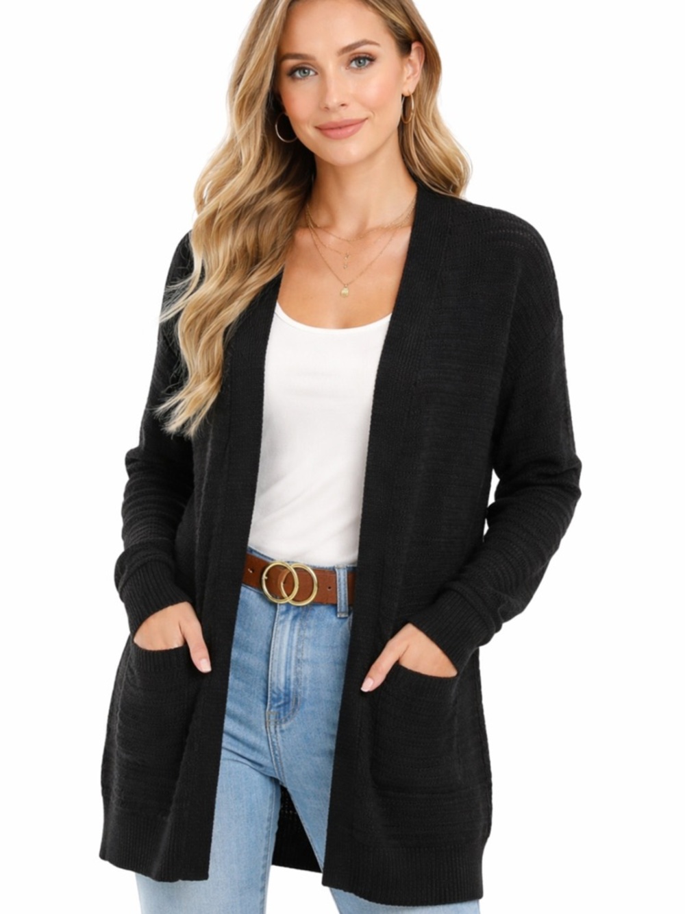 Merokeety SZ L  Black Open-Front Textured Knit Cardigan (Pointelle / Stripe Knit
